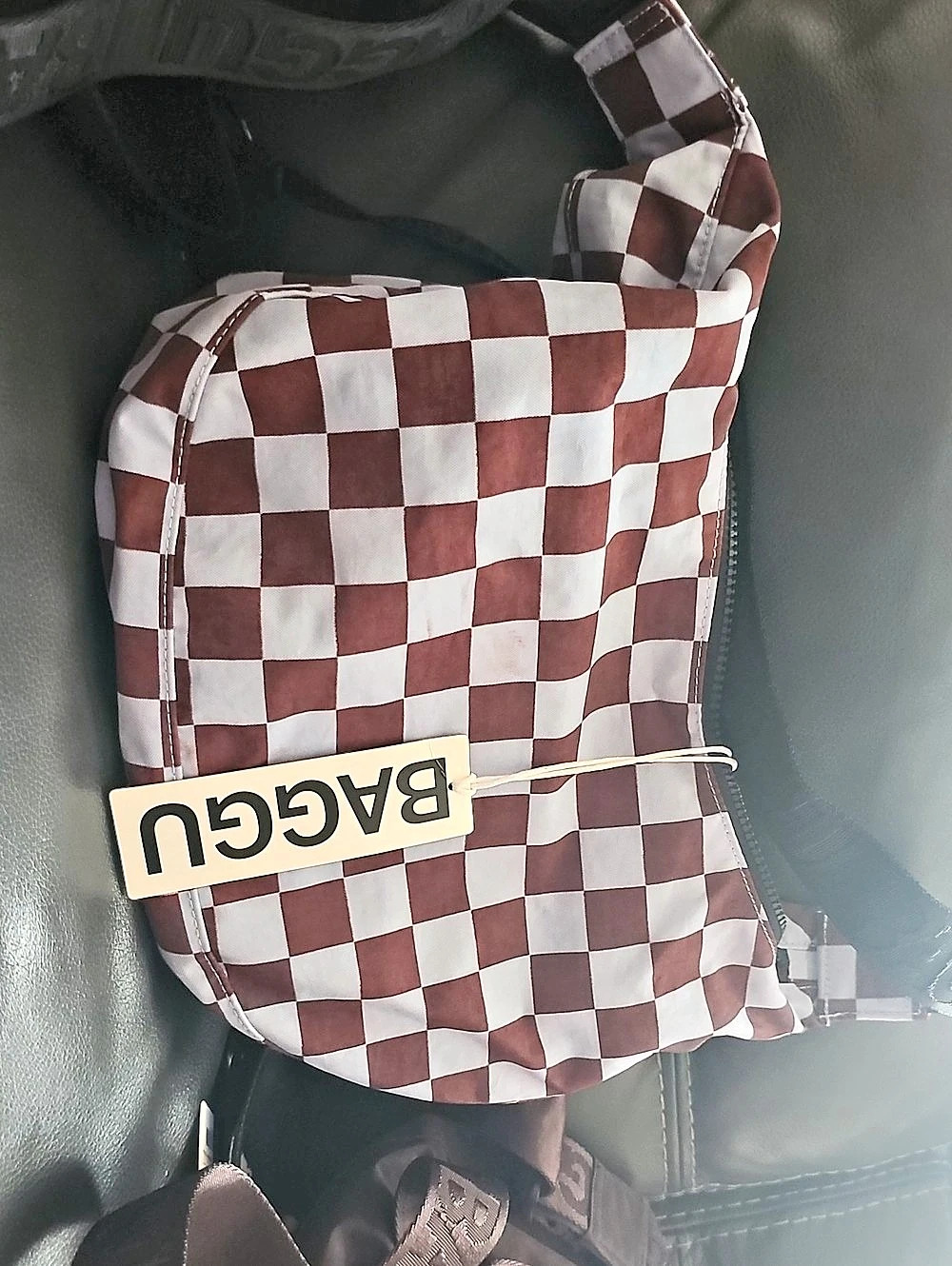 BAGGU Checkered Shoulder Bag in brown & light blue NWT
